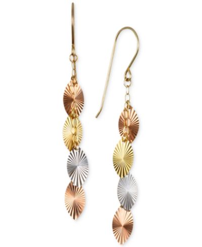 Macy's Серьги-подвески Tri-Color Swiss-Cut Drop Earrings, 10k Yellow, White and Rose Gold