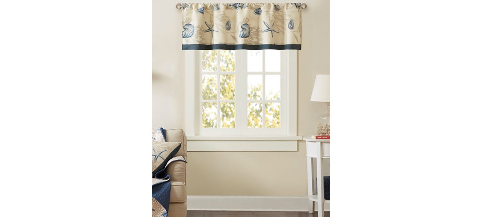 Madison Park Cotton Seashell Printed Valance, 18-inch valances for windows, Rod Pocket Top Fits Up To 1.25" Diamter Rod, Width 50 Length 18 Inches