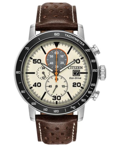 Мужские часы Citizen Eco-Drive с хронографом, коричневый кожаный ремешок, 44 мм