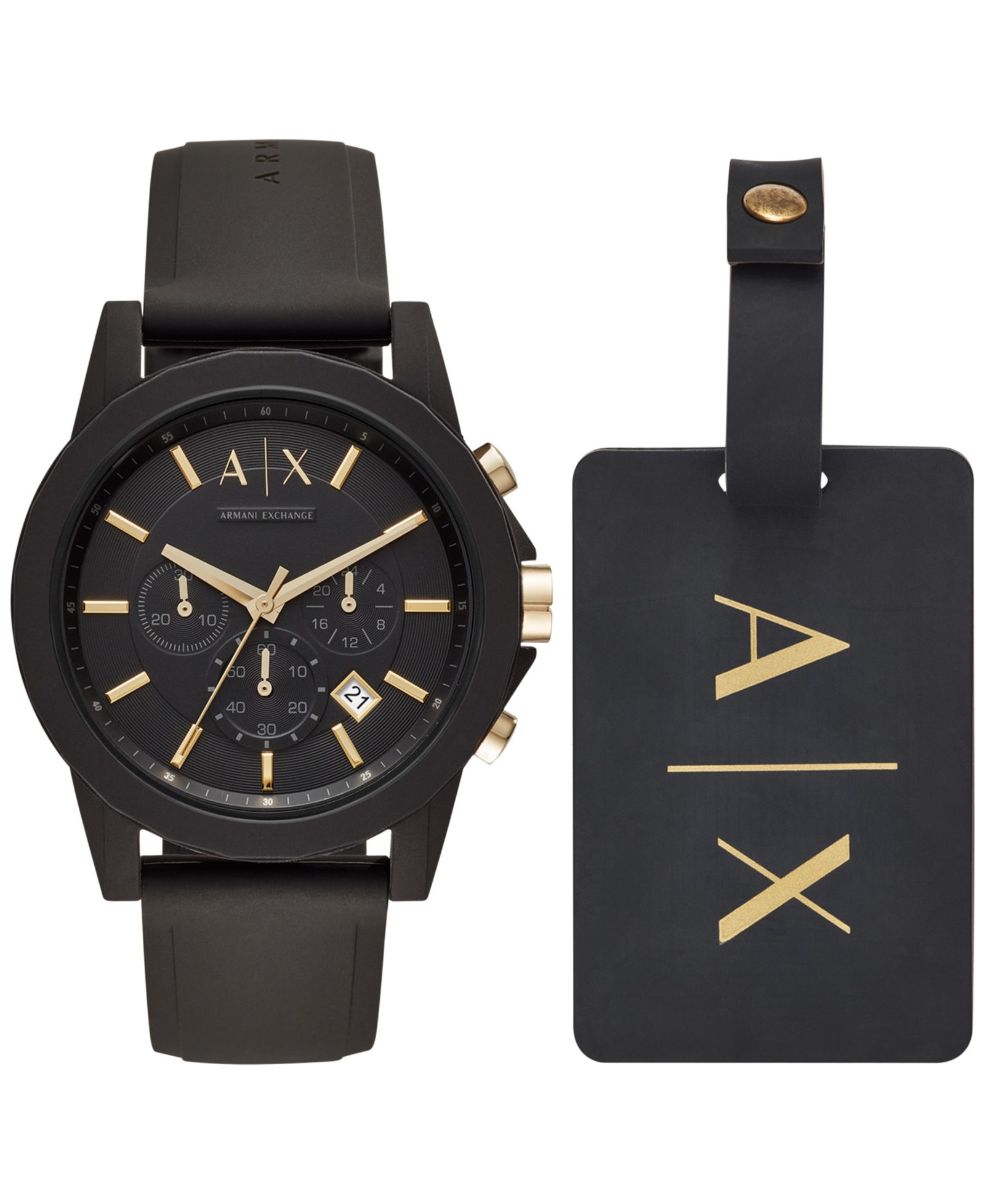 A|X Armani Exchange Men's Chronograph  Black Silicone Strap Watch 45mm Gift Set
