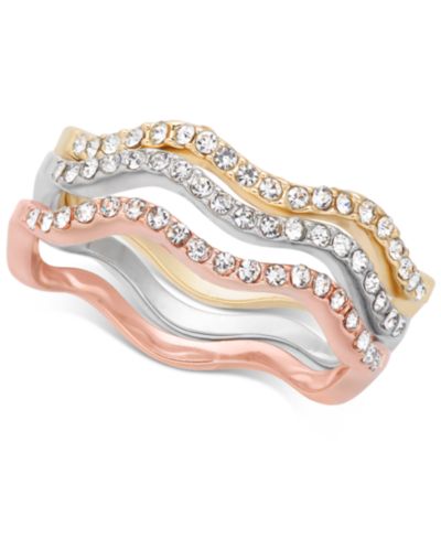 Charter Club Tri-Tone Silver, Gold Plated, 18K Rose Gold Plated 3-Pc. Set Pavé Wavy Rings, Created for Macy's