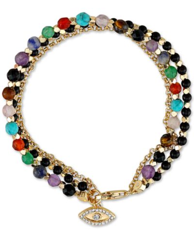 Unwritten Triple Strand Multi-Bead Link Evil-Eye Charm in Gold-Tone Silver Plated