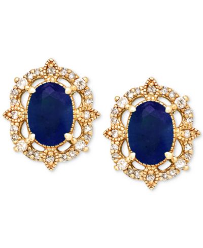 Серьги-гвоздики с сапфиром (1-1/3 ct. t.w.) и бриллиантом (1/8 ct. t.w.) в 14k желтом золоте
