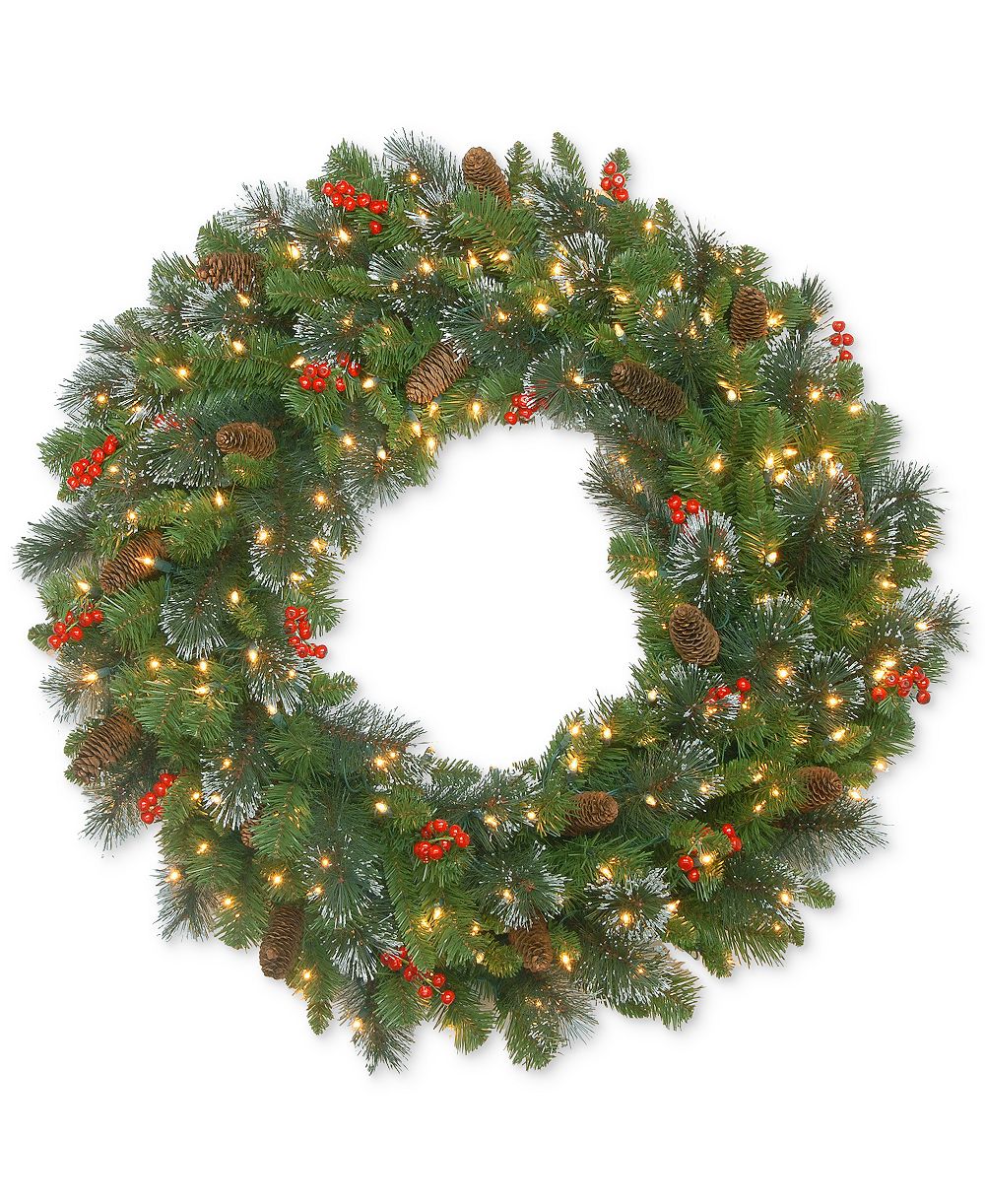 National Tree Company 30" Crestwood Spruce Wreath With Red Berries, Pine Cones, Glitter & 70 Battery-Operated LED Lights