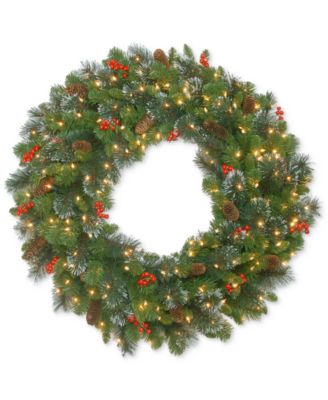 Венок National Tree Company 30" Crestwood Spruce с красными ягодами и LED Lights