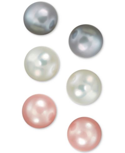 Комплект из 3 пар серьм-гвоздик с натуральным речным жемчугом (8mm) из стерлингового серебра