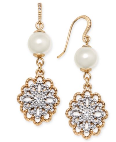 Серьги Charter Club Two-Tone Crystal Filigree & Imitation Pearl Drop