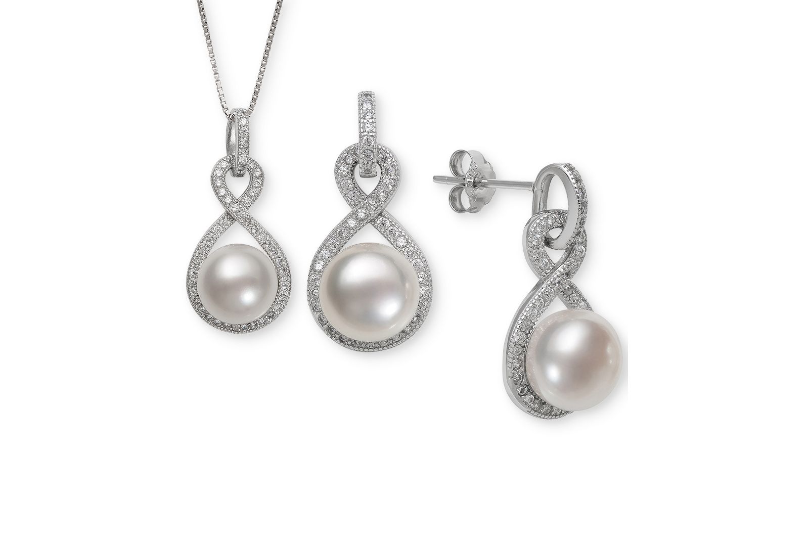Ювелирный набор Macy's Cultured Freshwater Pearl (8 & 10mm) и White Topaz (1-1/3 ct. t.w.) в Sterling Silver