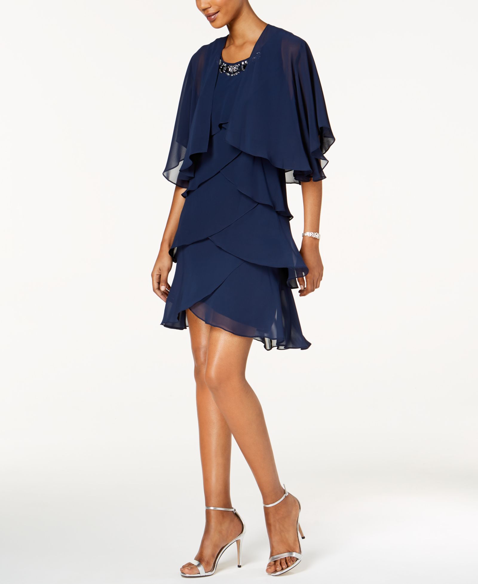 SL Fashions Embellished Tiered Chiffon Dress & Capelet