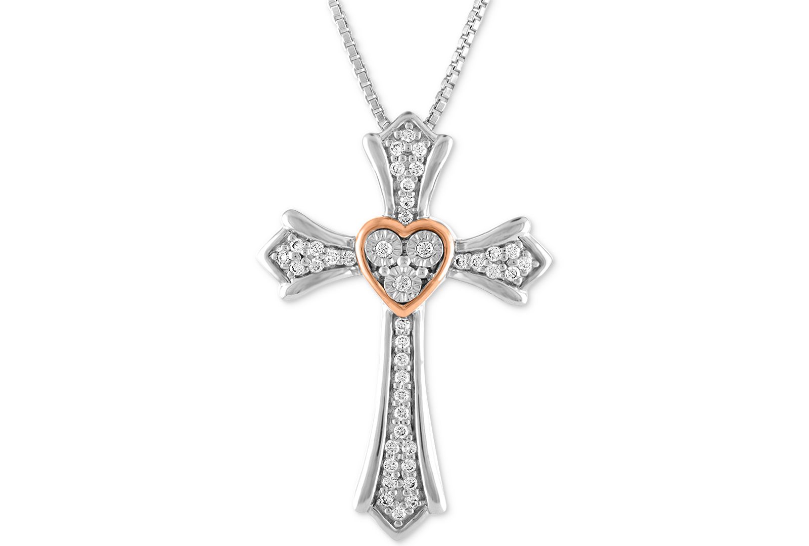Diamond Cross Pendant Necklace (1/10 ct. t.w.) in Sterling Silver & 14k Rose Gold