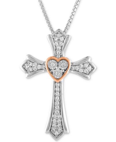 Diamond Cross Pendant Necklace (1/10 ct. t.w.) in Sterling Silver & 14k Rose Gold