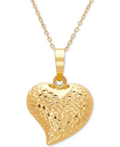 Textured Puff 17" Heart Pendant Necklace in 10k Gold