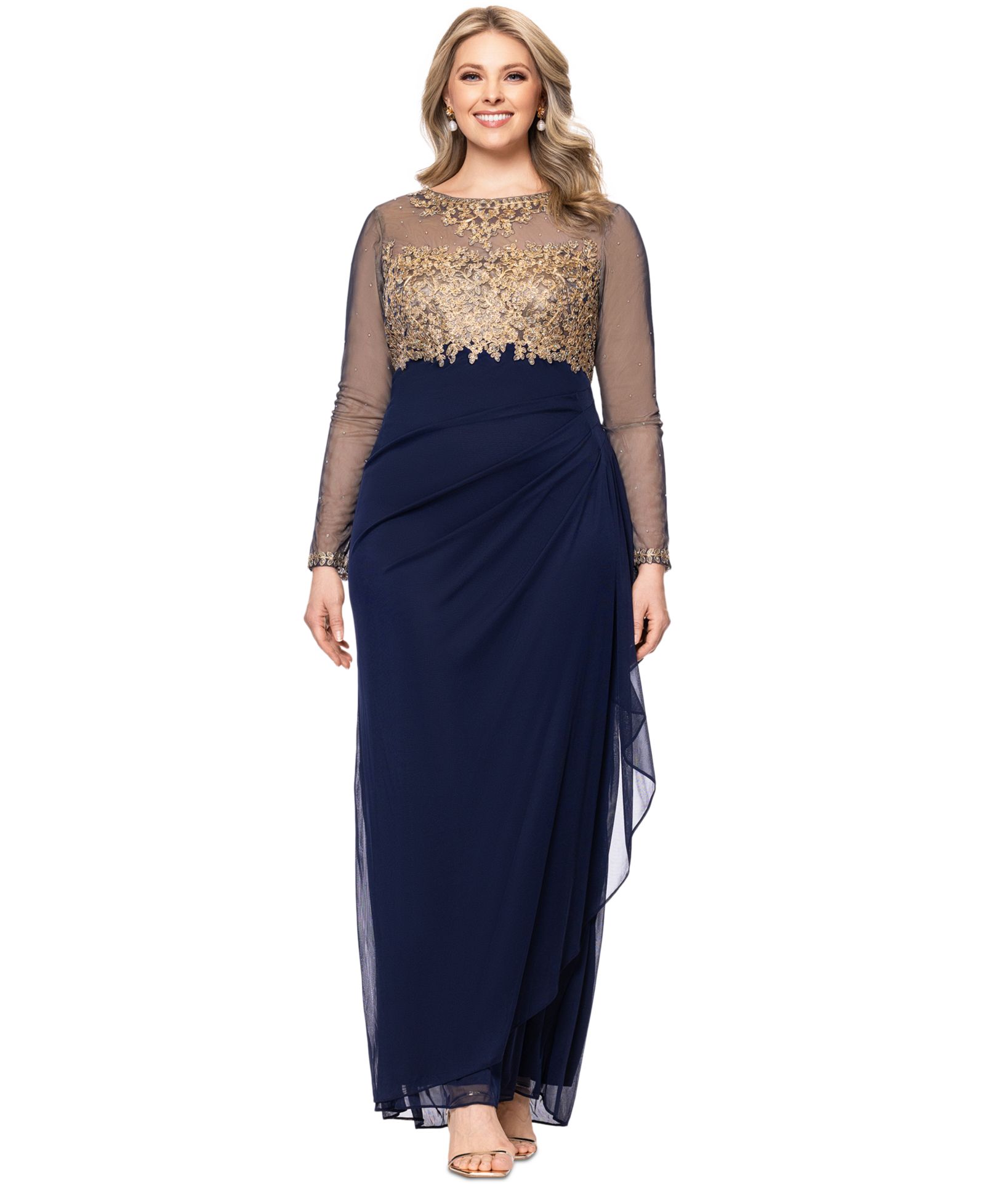 Xscape Plus Size Embroidered Illusion Gown