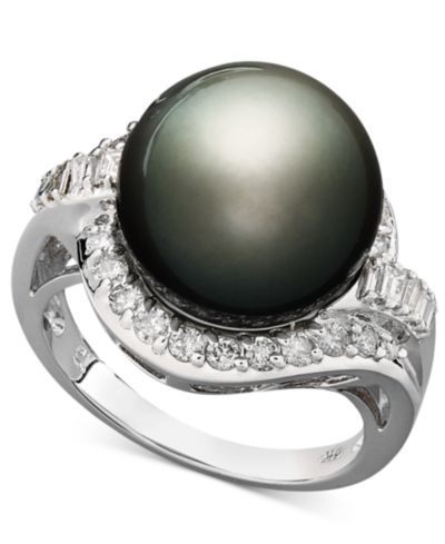 Кольцо из белого золота 14k с культивированным таитянским жемчугом (12mm) и бриллиантом (5/8 ct. t.w.)