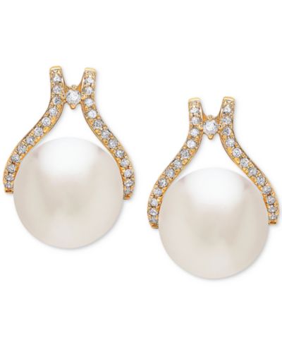 Серьги-гвоздики Honora Cultured White Ming Pearl (12mm) & Diamond (1/3 ct. t.w.) в 14k Gold