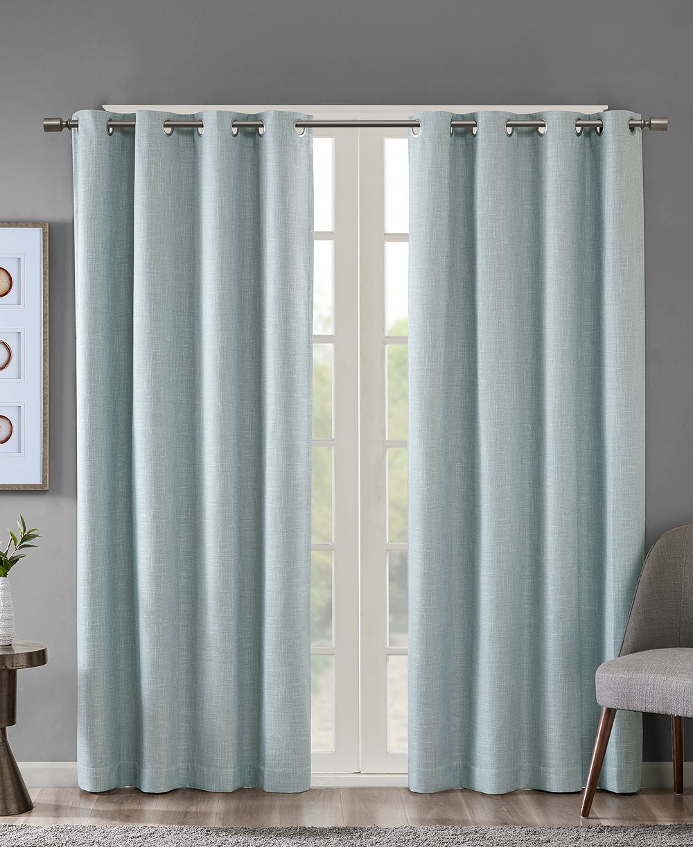 Maya Heathered Blackout Curtain 1 Panel for bedroom, Grommet top fit up to 1.25 inches rod Single Curtain Panel for Living Room, Width 50 length 54 inches, Pitch Black Ambiance Dusty Seafoam 1 Window Panel
