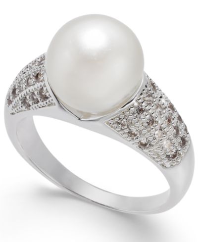 Charter Club Fine Silver Plate Pavé & Imitation Pearl Ring, Created for Macy's