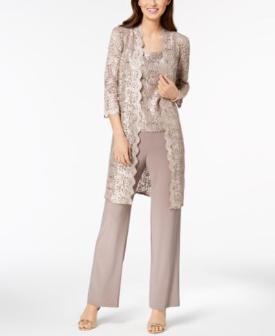R & M Richards 3-Pc. Sequined Lace Pantsuit & Jacket