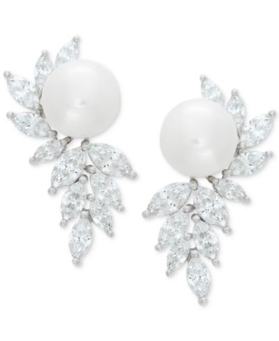 Arabella Cultured Freshwater Pearl (10mm) & Cubic Zirconia Drop Earrings in Sterling Silver