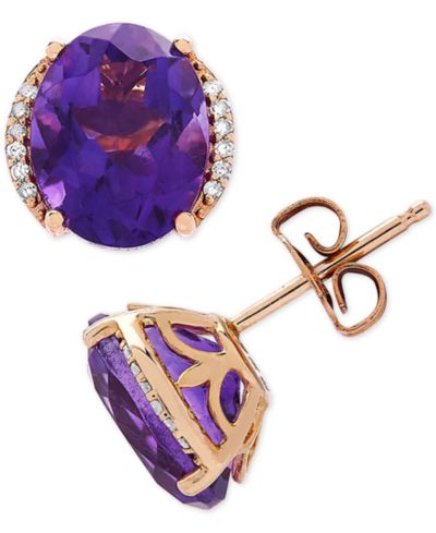 Серьги-гвоздики с аметистом и бриллиантами в золоте 14k