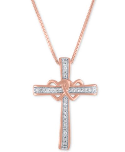 Подвеска-ожерелье Diamond Heart and Cross 18" (1/10 ct. t.w.) 14k Rose Gold-Plated Sterling Silver