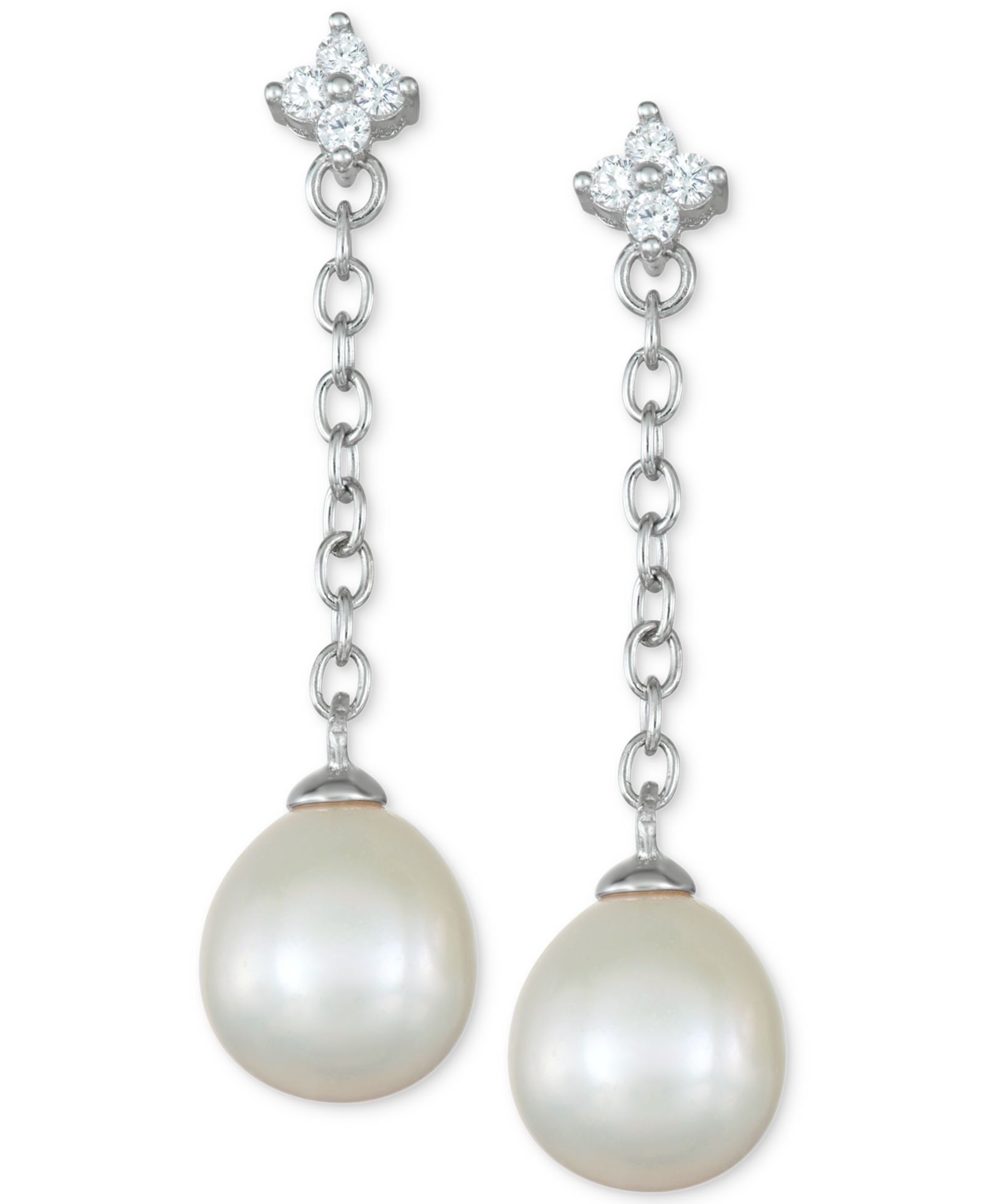 Серьги-цепочки Cultured Freshwater Pearl (8mm) & Cubic Zirconia Flower в Sterling Silver