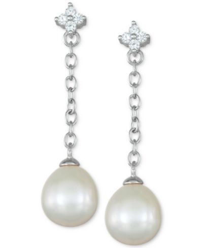 Серьги-цепочки Cultured Freshwater Pearl (8mm) & Cubic Zirconia Flower в Sterling Silver
