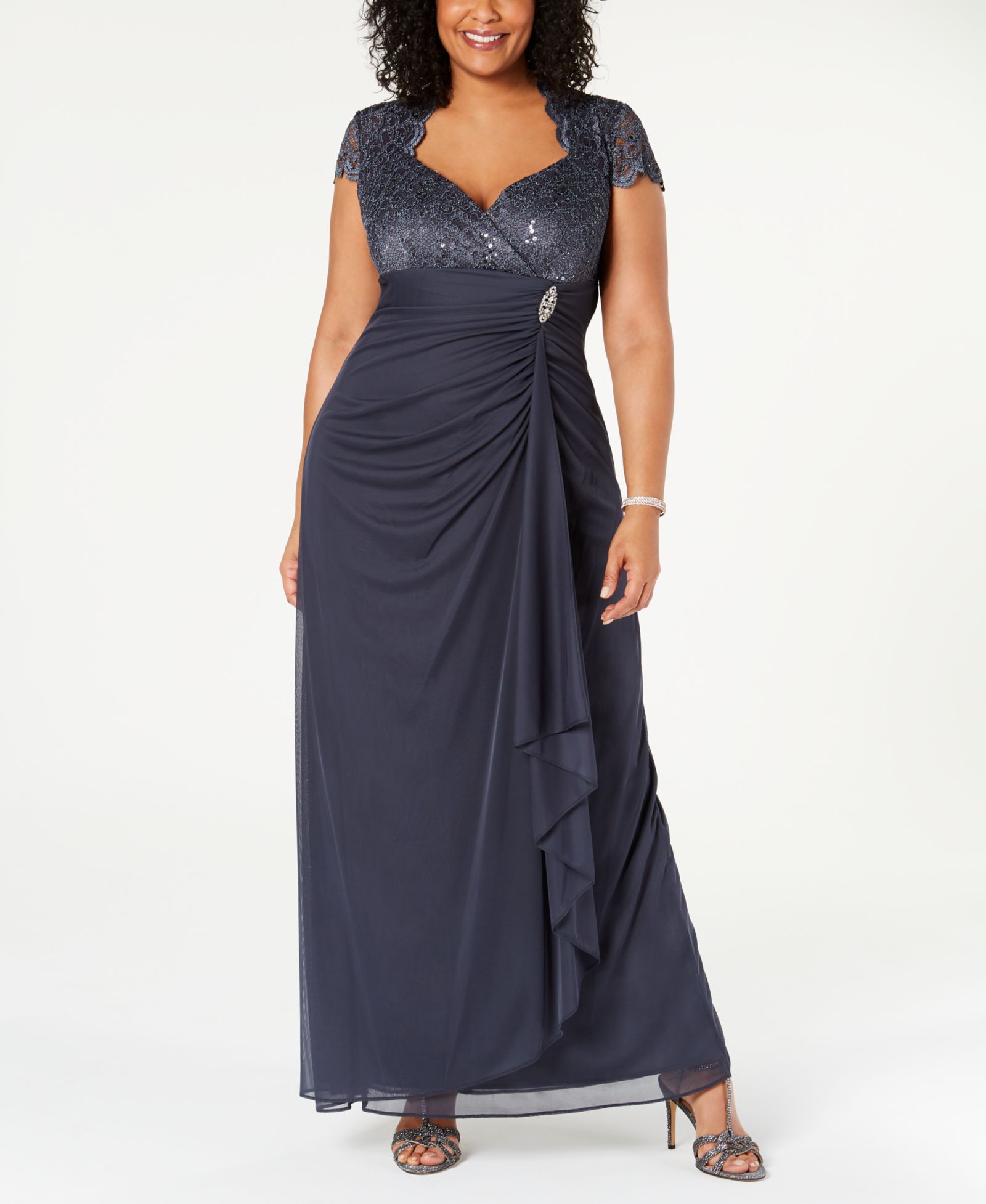 B&A by Betsy & Adam Plus Size Sequined-Lace Ruched Gown