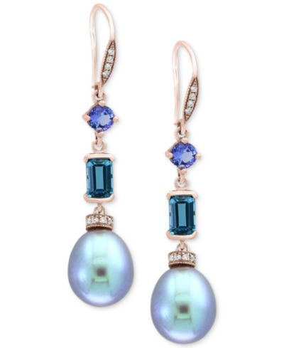EFFY® Blue Cultured Freshwater Pearl (12 x 10mm), Multi-Gemstone (1-3/4 ct. t.w.) & Diamond (1/8 ct. t.w.) Drop Earrings in 14k Rose Gold