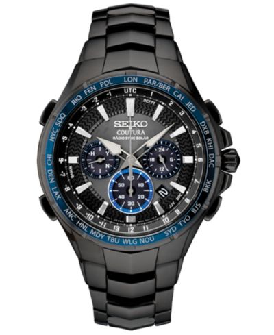 Seiko Men's Radio Sync Solar Chronograph Coutura Black Stainless Steel Bracelet Watch 44.5mm