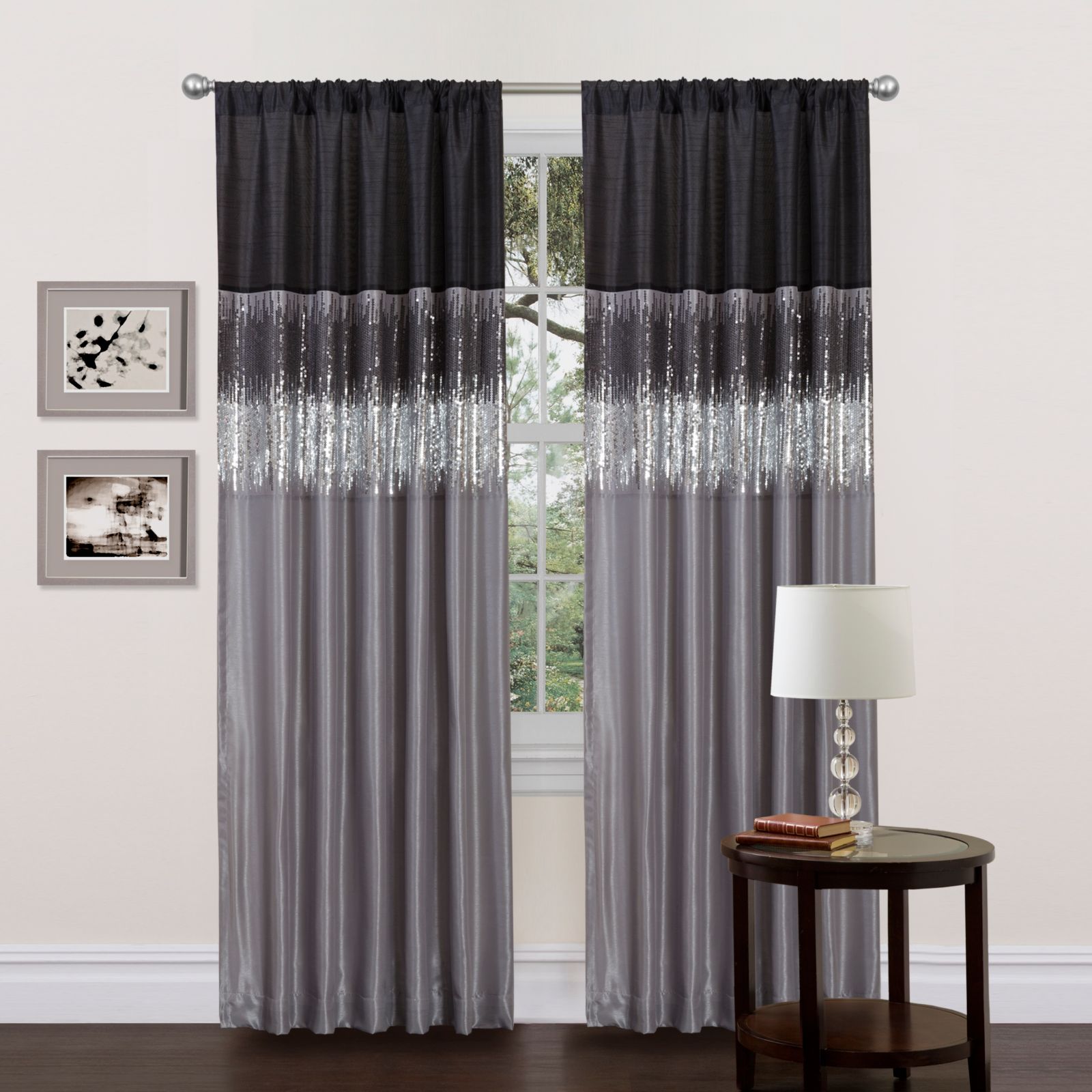 Lush Decor Night Sky Window Curtain Panel, Single 42"W x 84"L Black & Gray - Sequin Backdrop Curtain