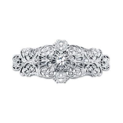 2028 Silver-Tone Crystal Filigree Bar Barrette