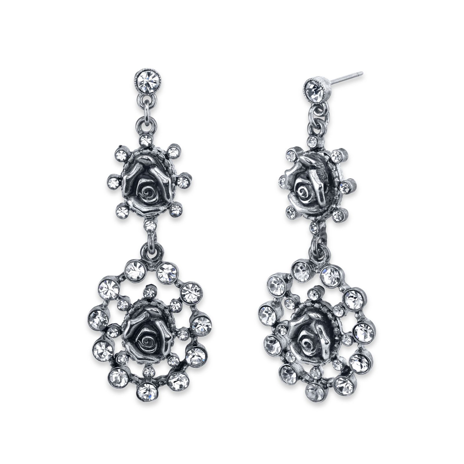 Серьги 2028 Silver-Tone Crystal Flower Double Drop