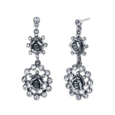 2028 Silver-Tone Crystal Flower Double Drop Earrings