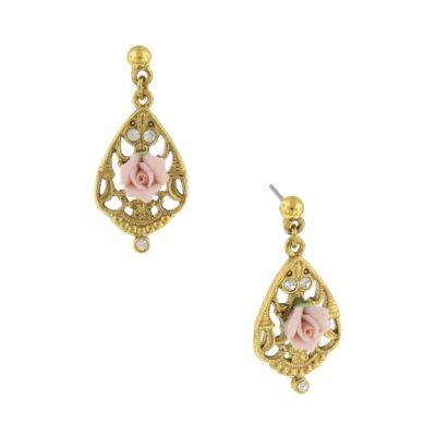 Серьги-подвески 2028 Gold-Tone Crystal and Pink Porcelain Rose Filigree