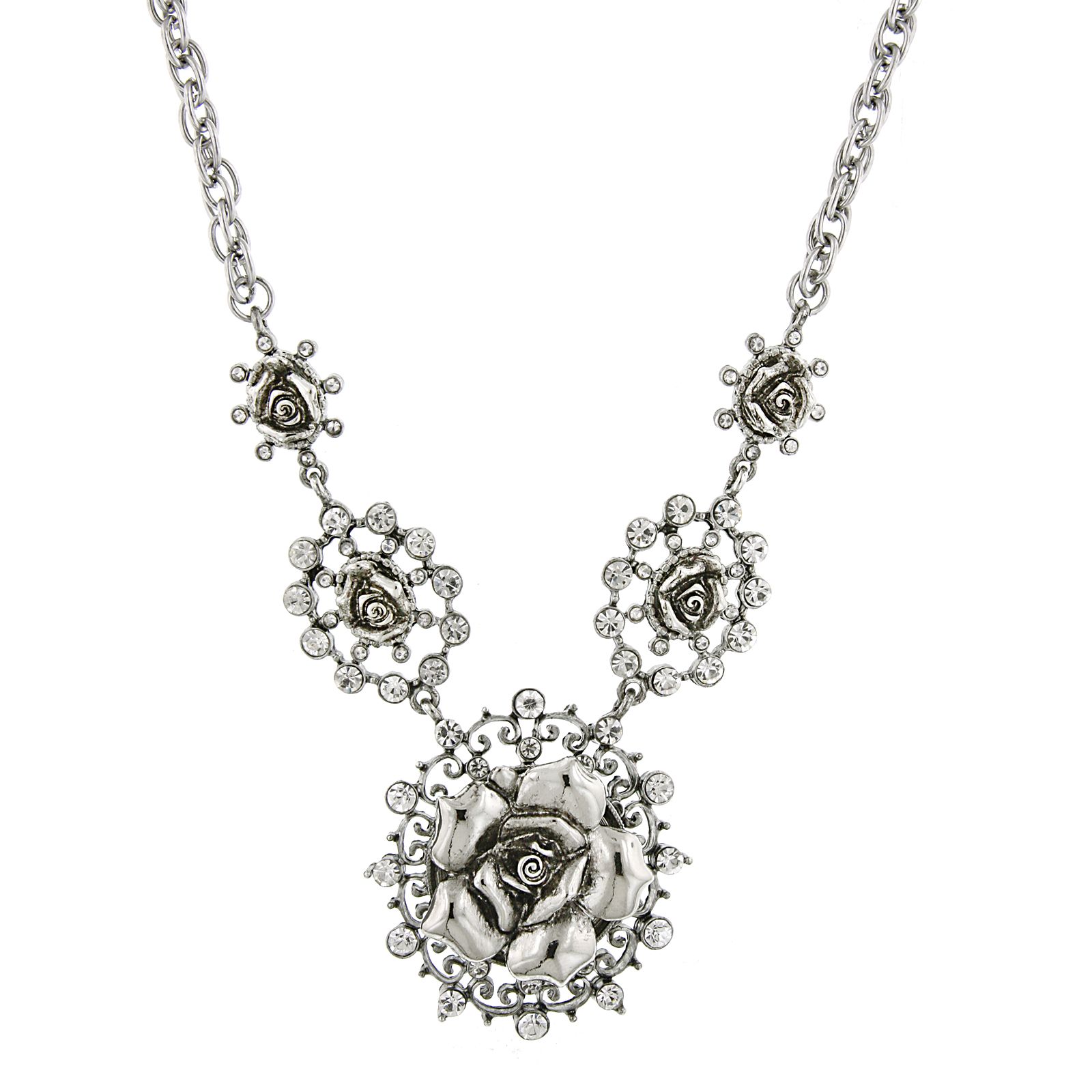 Ожерелье 2028 Silver-Tone Crystal Multi Flower Drop, 16" Adjustable
