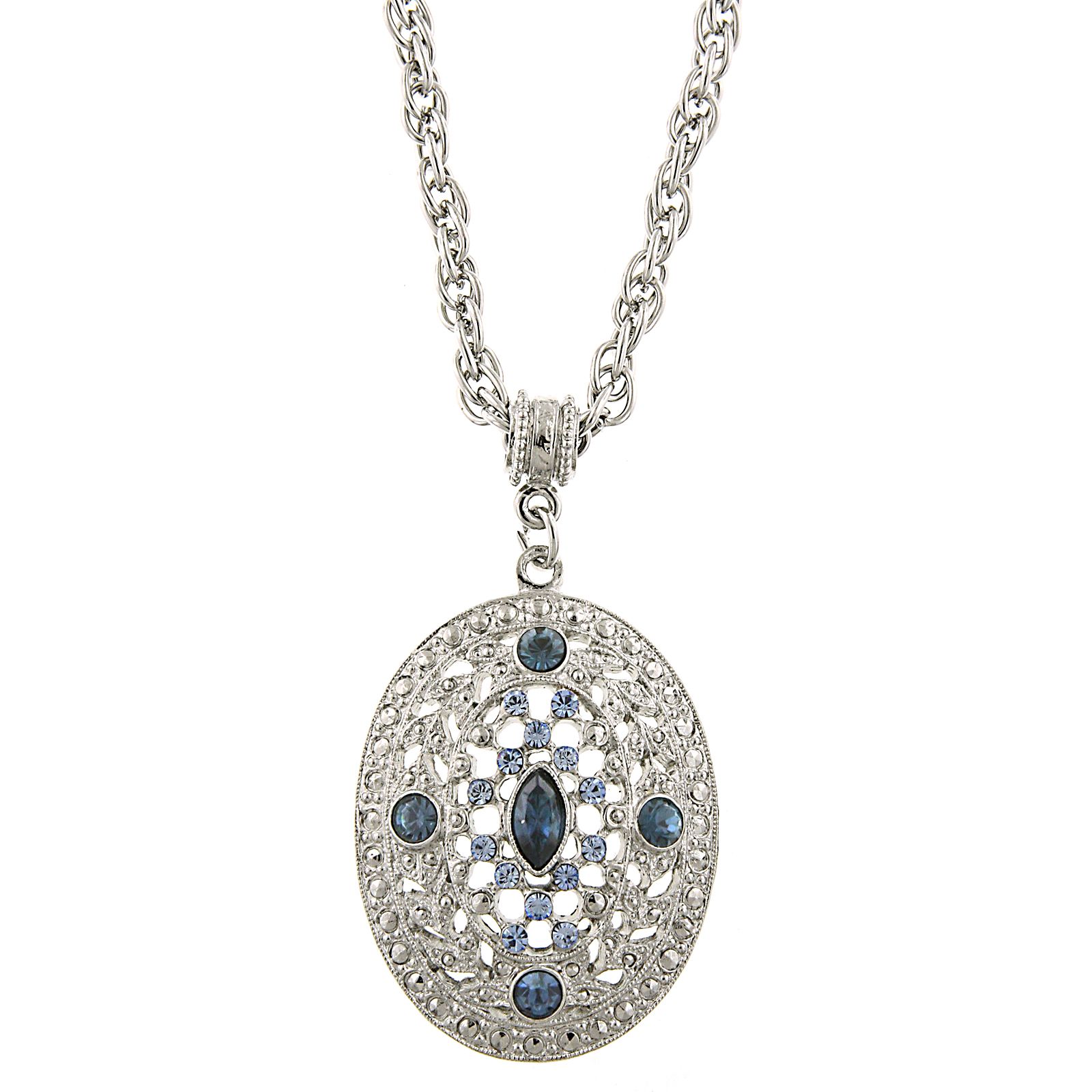 2028 Silver-Tone Dark and Light Blue Crystal Filigree Oval Pendant Necklace 16" Adjustable