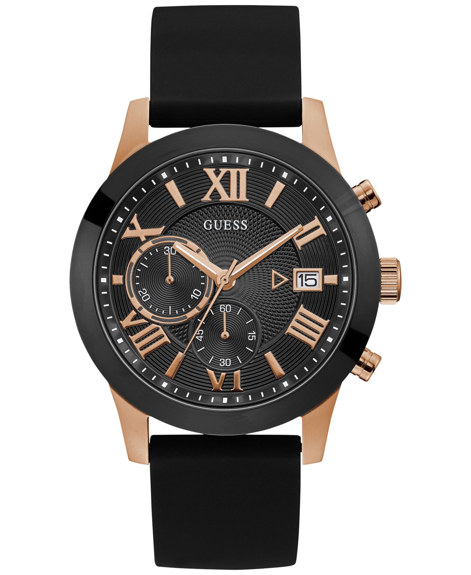 GUESS Men's Black Silicone Strap Watch 45mm
