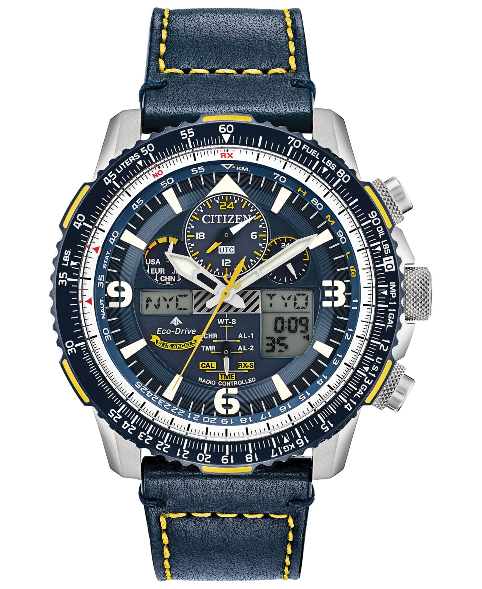 Citizen Eco-Drive Men's Analog-Digital Chronograph Promaster Blue Angels Skyhawk A-T Blue Leather Strap Watch 46mm