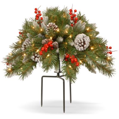National Tree Company 18' Frosted Berry Urn Filler with Cones, Red Berries, Tripod Stake & 35 Warm White Battery Operated LED Lights w/Timer