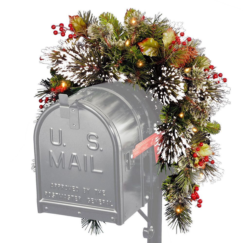 National Tree Company Wintry Pine R Mailbox Swag with Battery Operated Warm LED Lights