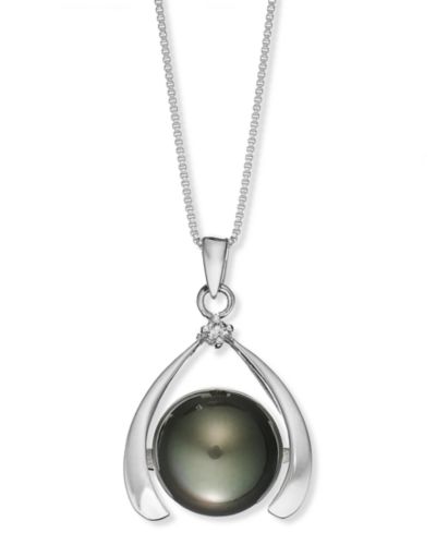 Sterling Silver Necklace, Cultured Tahitian Pearl (11mm) and Diamond Accent Pendant