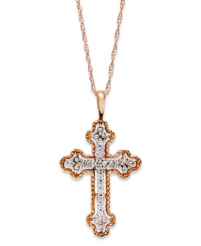 Diamond Antique Cross Pendant Necklace in 14k White, Yellow, or Rose Gold (1/10 ct. t.w)