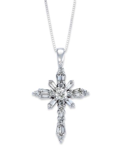 Diamond Baguette Cross Pendant Necklace in 14k White Gold (1/2 ct. t.w.)