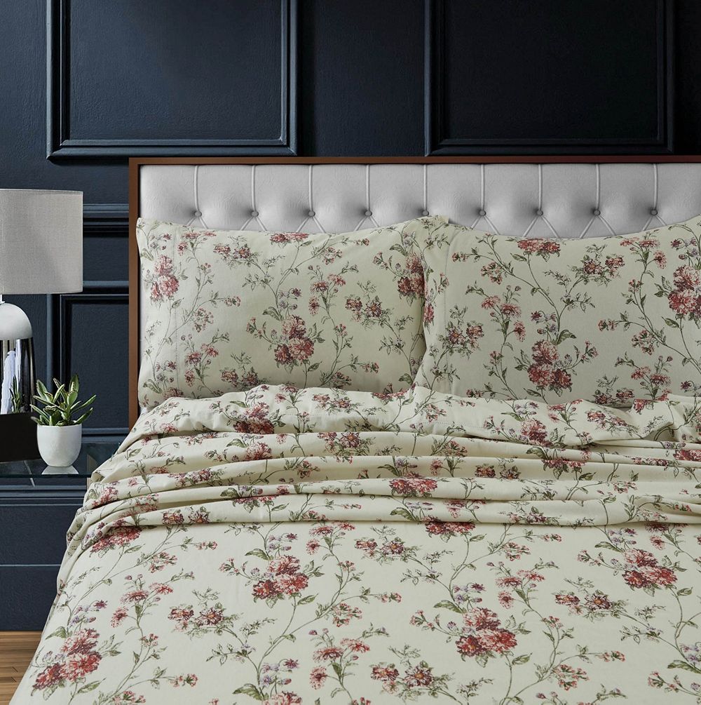Tribeca Living Dollhouse Floral Heavyweight Cotton Flannel Printed Extra Deep Pocket Sheet Set, King
