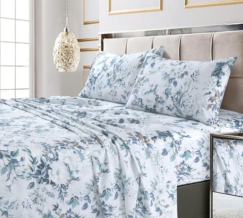 Tribeca Living Vernazza Printed 300 Thread Count Cotton Sateen Extra Deep Pocket Sheet Set, Queen