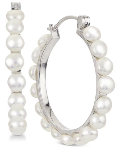 Macy's серьги-кольца с культивированным пресноводным жемчугом (4mm) из стерлингового серебра