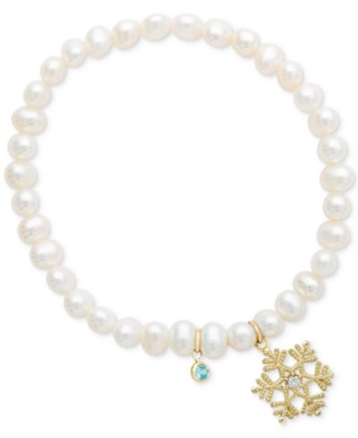 Disney© Children's Cultured Freshwater Pearl (4mm) & 14k Snowflake Charm Stretch Bracelet