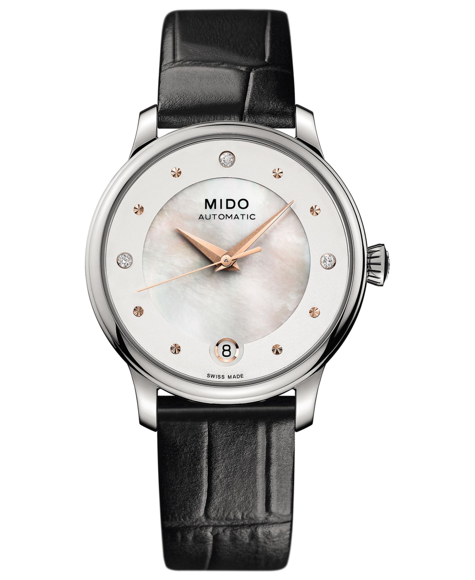 Женские часы Mido Swiss Automatic Baroncelli II с бриллиантовым акцентом и черным ремешком из синтетической кожи 27.9mm