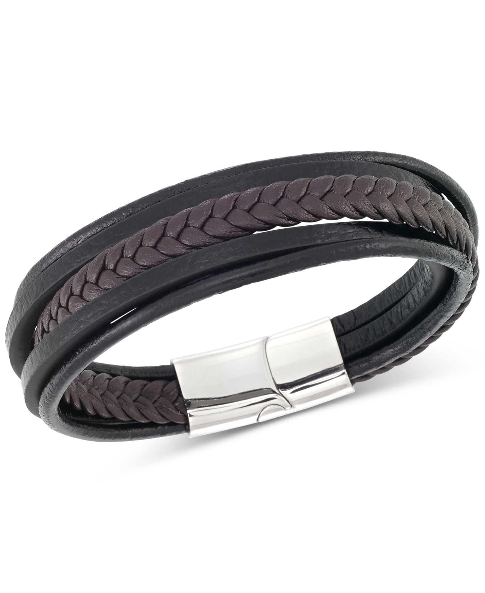 LEGACY for MEN by Simone I. Smith Мужской кожаный браслет Black & Brown Multi-Row в Stainless Steel